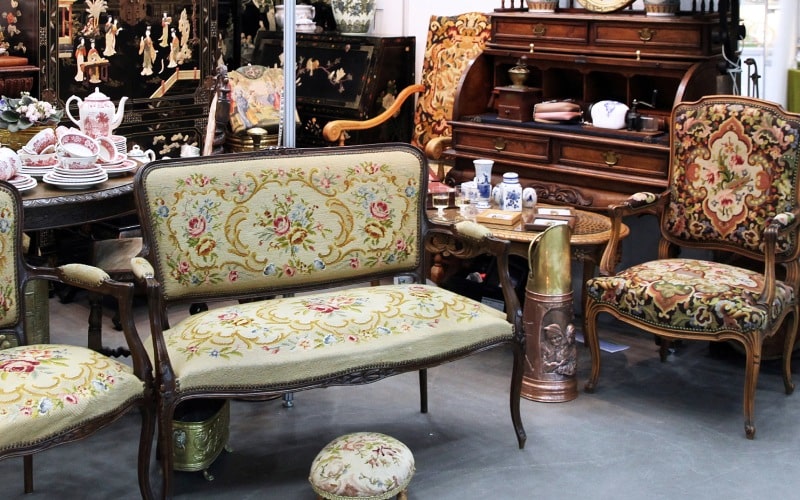 vintage interior items and furniture at the flea market